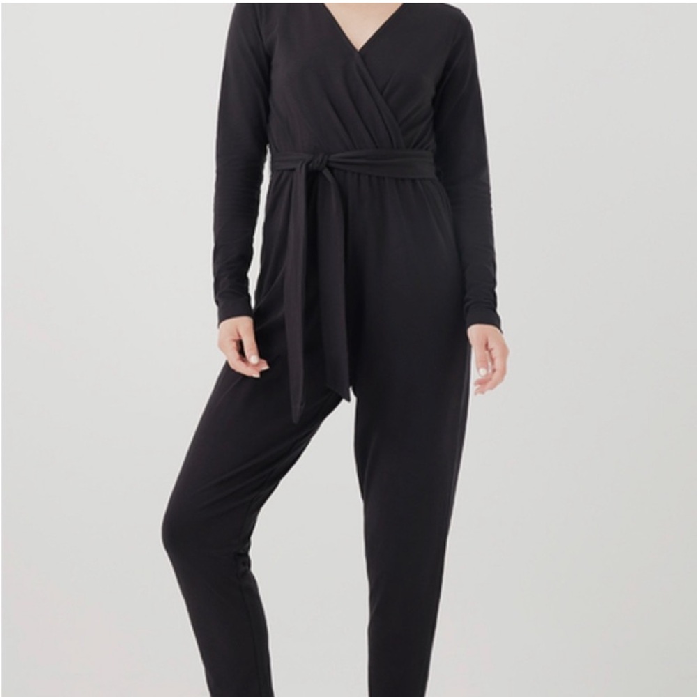 Pact Organic Women's Luxe Jersey Wrap Jumpsuit Black Size Medium